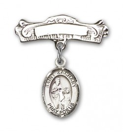 Pin Badge with St. Zachary Charm and Arched Polished Engravable Badge Pin [BLBP1073]
