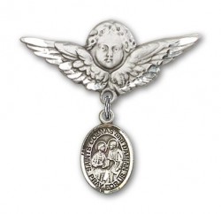 Pin Badge with Sts. Cosmas &amp; Damian Charm and Angel with Larger Wings Badge Pin [BLBP1172]