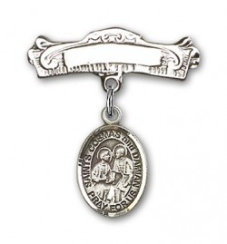 Pin Badge with Sts. Cosmas &amp; Damian Charm and Arched Polished Engravable Badge Pin [BLBP1171]