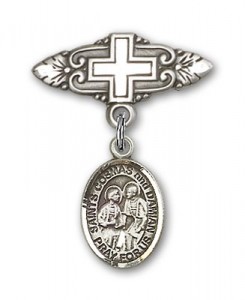 Pin Badge with Sts. Cosmas &amp; Damian Charm and Badge Pin with Cross [BLBP1170]