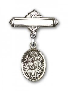 Pin Badge with Sts. Cosmas &amp; Damian Charm and Polished Engravable Badge Pin [BLBP1169]