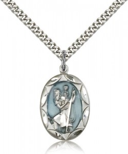 Scalloped Edge Blue Enamel Center St. Christopher Necklace [BM0662]