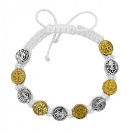 Women's Adjustable White Corded Two-Tone St. Benedict Bracelet [MCBR0033]