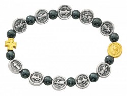 Women's Hematite Bead and St. Benedict Charm Stretch Bracelet [MCBR0002]