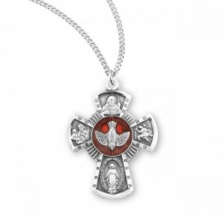 Women's Red Enamel 4 Way Cross Sterling Silver Pendant [HM0703]